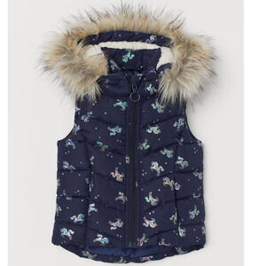 H&M Navy Blue Unicorn Fleece Line Puffer Vest with Fur Lined Hood • Sz 2-4Y 🗣